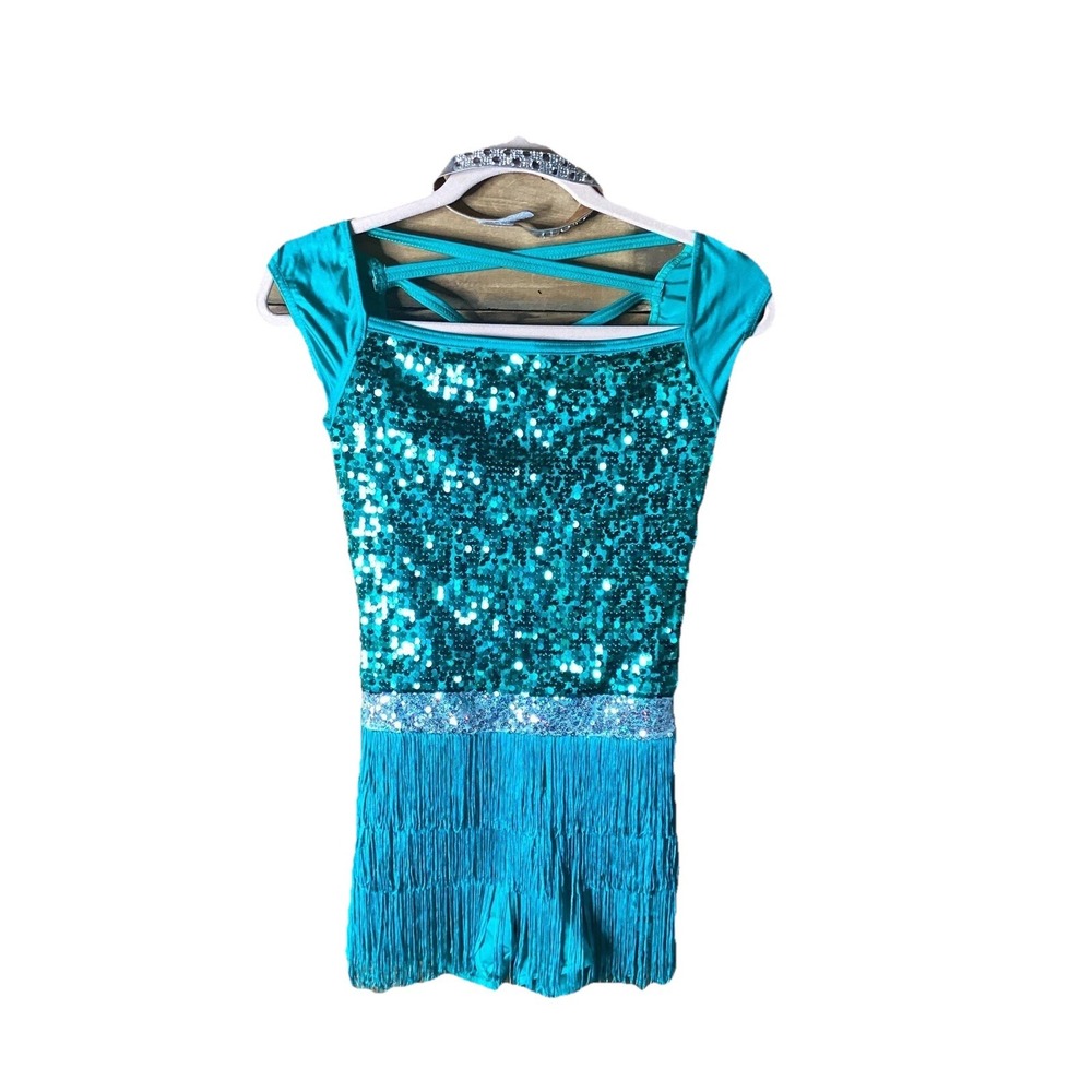 Weismann Dance Costume "Roses" Green Size MA Square Neck Fringe Trim
